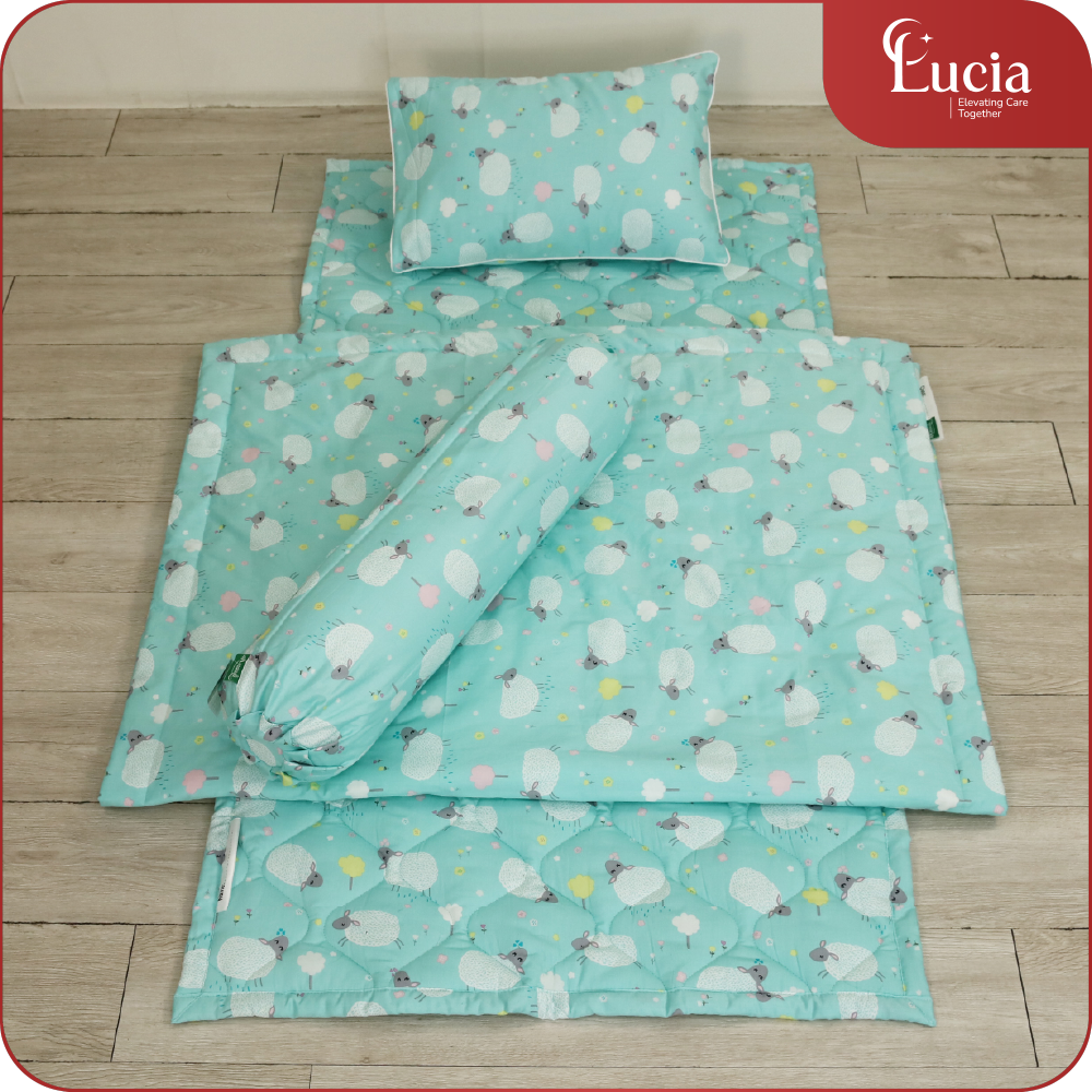Bộ Nệm Gối bé đi học | Cotton Satin Hàn Quốc | Cừu xanh