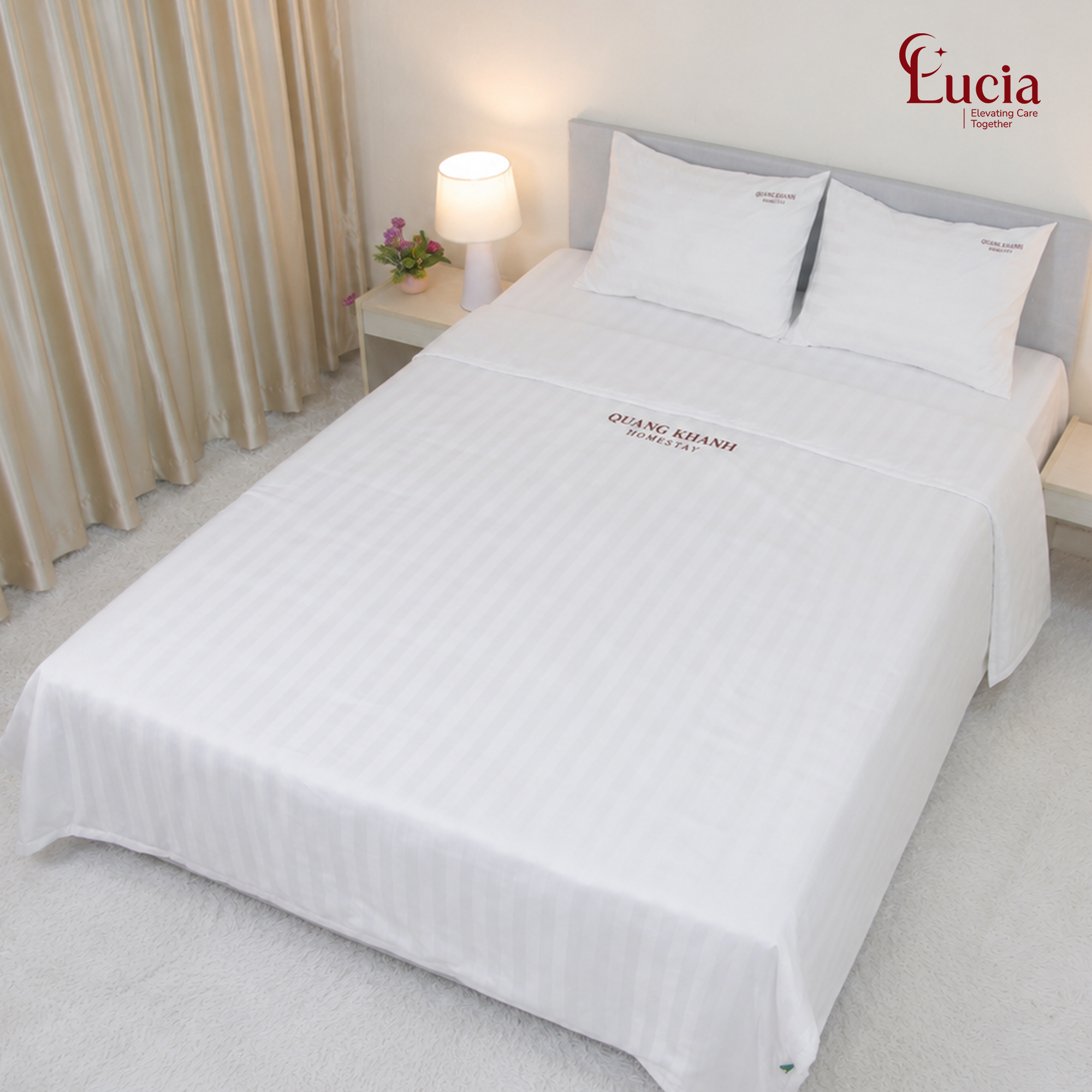 Chăn Ga Homestay – Nhà Nghỉ | Vải Micro Silk Sọc 3cm Màu Trắng - Ảnh 3