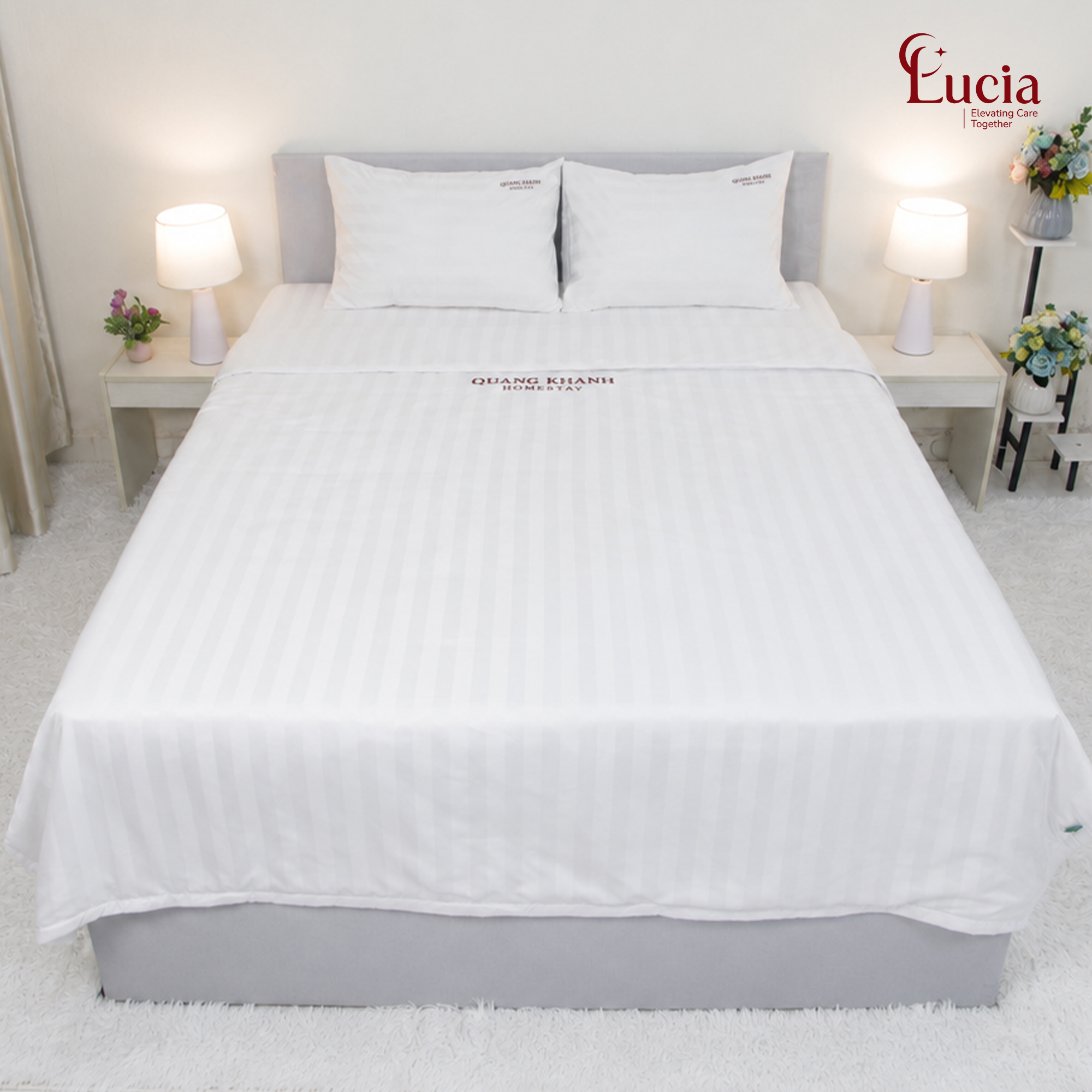 Chăn Ga Homestay – Nhà Nghỉ | Vải Micro Silk Sọc 3cm Màu Trắng - Ảnh 2