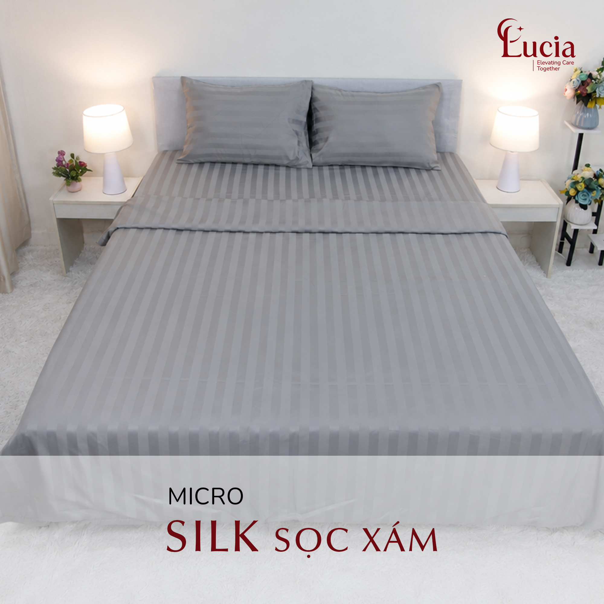 Chăn Ga Homestay – Nhà Nghỉ | Vải Micro Silk Sọc 3cm Màu Xám