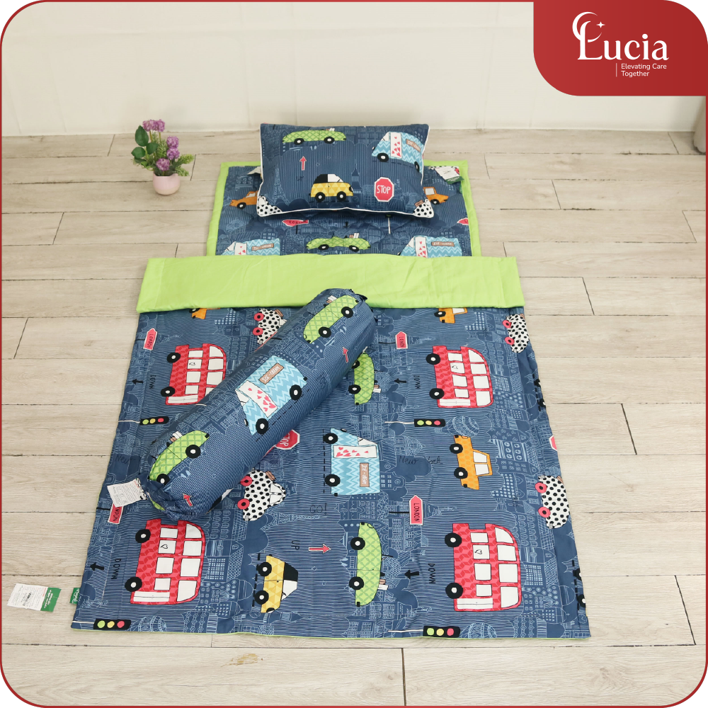 Bộ Nệm Gối cho bé đi học | Cotton Satin Hàn Quốc | Họa tiết khủng long xanh