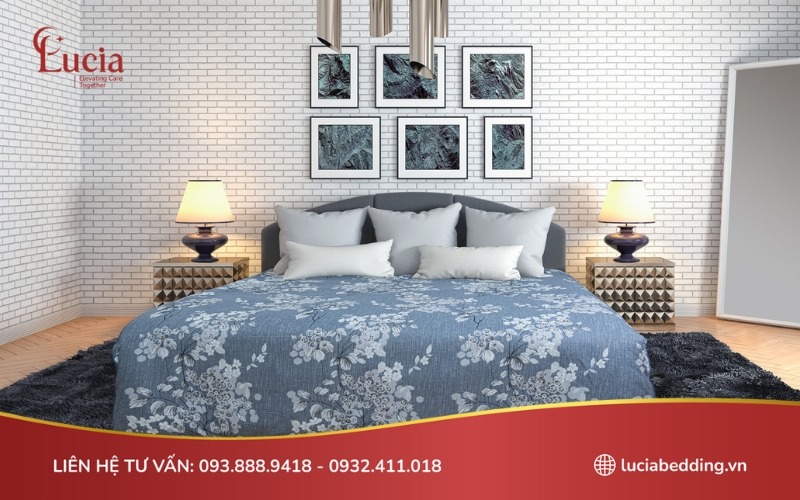 Mẫu chăn ga gối Sông Hồng được thiết kế với kiểu dáng hoa văn đơn giản