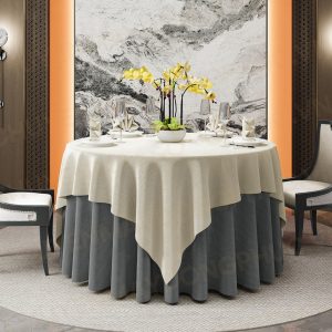 Khăn trải bàn nhà hàng phối 2 lớp kem xám phủ bàn tròn sang trọng cho sự kiện