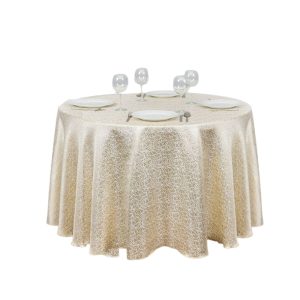 Khăn trải bàn nhà hàng màu kem vàng hoa văn phủ tròn rủ dài sang trọng cho sự kiện