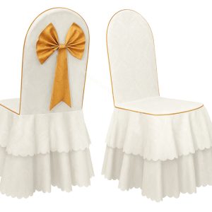 Áo ghế nhà hàng màu trắng phối nơ vàng sang trọng dùng cho khách sạn hội nghị sự kiện