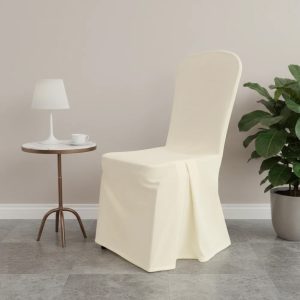 Áo ghế hội nghị màu kem chân rủ thanh lịch dùng cho khách sạn nhà hàng sự kiện
