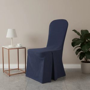Áo ghế hội nghị màu xanh navy chân rủ thanh lịch dùng cho khách sạn nhà hàng sự kiện