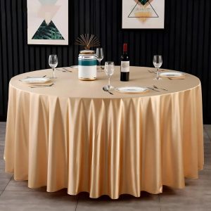 Khăn trải bàn nhà hàng màu vàng phủ tròn rủ dài sang trọng dùng cho khách sạn sự kiện