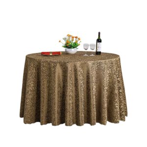 Khăn trải bàn nhà hàng màu vàng đồng hoa văn phủ tròn rủ dài sang trọng dùng cho khách sạn sự kiện
