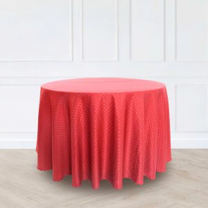 Khăn trải bàn tiệc cưới màu hồng đỏ phủ tròn rủ dài nổi bật cho nhà hàng sự kiện